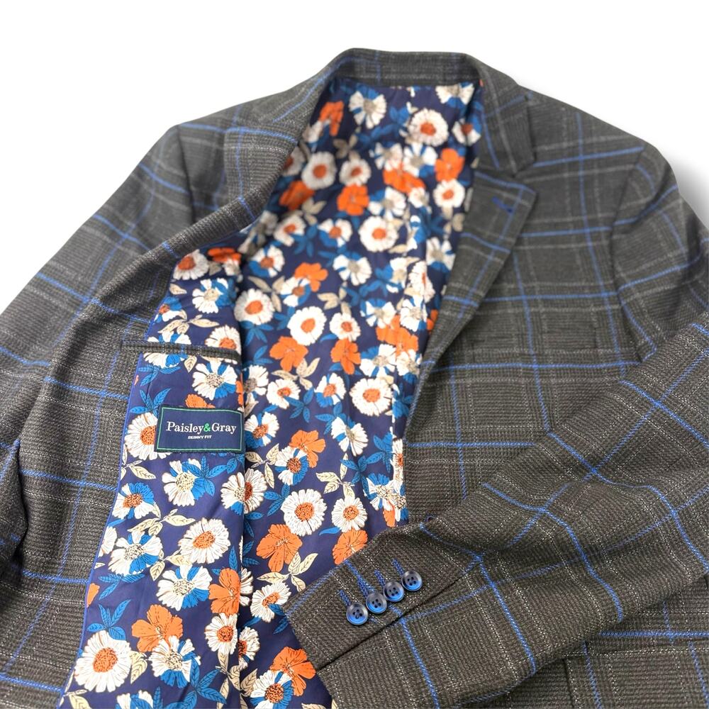 Paisley & Gray Sport Coat 38R Charcoal Windowpane Blue Slim Fit Blazer